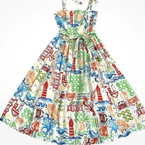 NWT Hunter Bell Quincy Dress in Surfside Nantucket Cape Cod Lighthouse Midi sz 4 - Picture 3 of 4